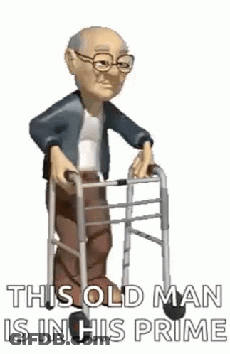 An Animated Cartoon Of An Old Man Using A Walker . GIF