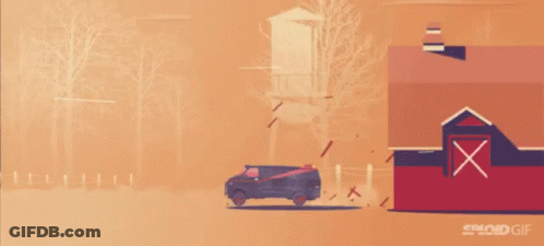 An Animated Gif Of A Car Going Through A Barn GIF