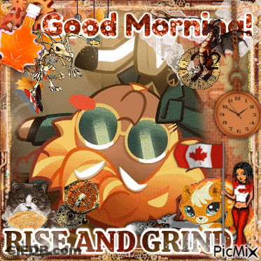 An Animated Greeting Card That Says " Good Morning " And " Rise And Grind " GIF