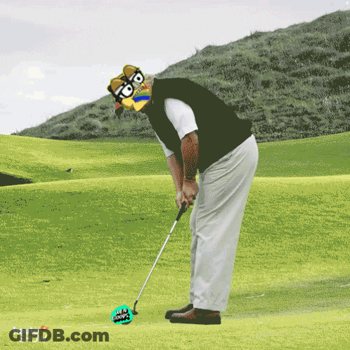 An Animated Image Of A Man Playing Golf With The Words Heute Show On The Bottom Right GIF