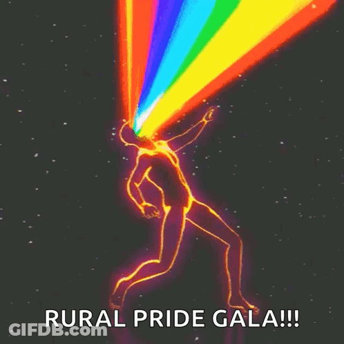 An Animated Image Of A Person With A Rainbow Coming Out Of Their Eyes And The Caption Rural Pride Gala GIF