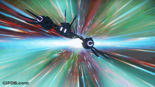 An Animated Image Of A Space Ship Flying Through A Wormhole GIF