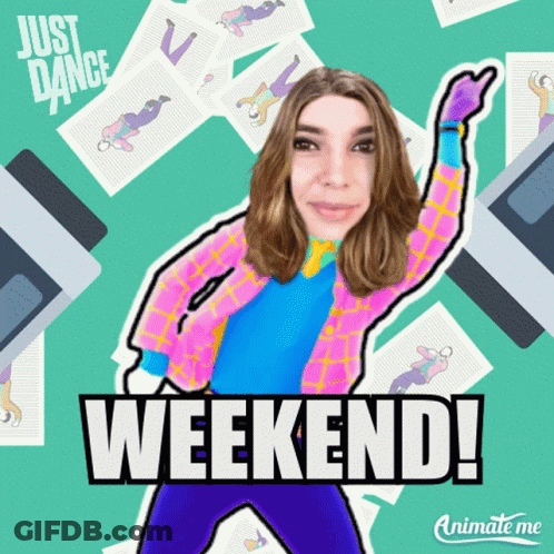 An Animated Image Of A Woman Dancing With The Words Weekend In The Upper Right Corner GIF