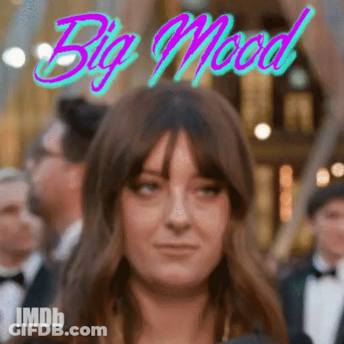 Animated Woman With Big Mood Text Behind Her GIF