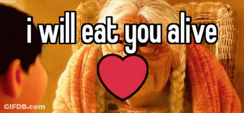 An Animated Image Of An Elderly Woman With The Words I Will Eat You Alive Above Her GIF