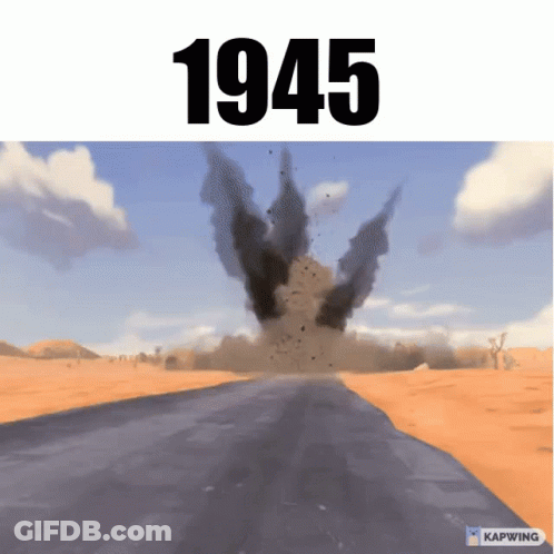 An Animated Image Of An Explosion With The Year 1945 On Top GIF
