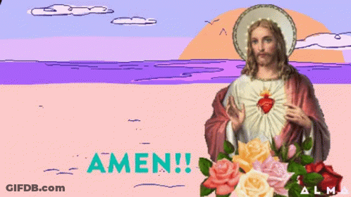 An Animated Image Of Jesus Holding Roses With The Words Amen Written Below Him GIF