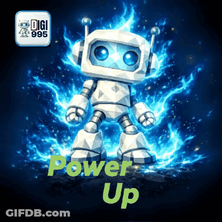 An Animated Robot With The Words Power Up Written Below It GIF