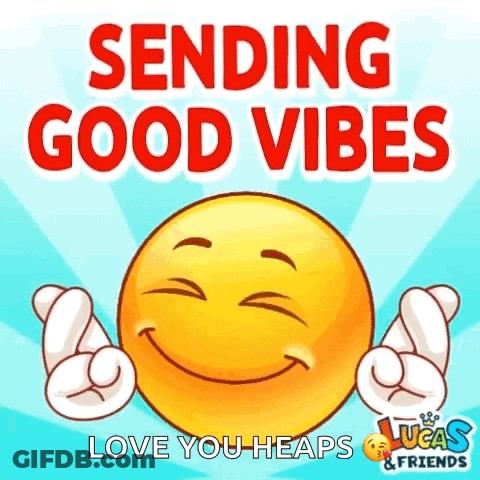 An Animated Smiley Face With The Words Sending Good Vibes Love You Heaps GIF