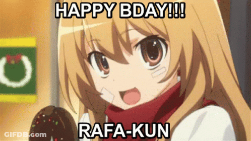 An Anime Girl Holding A Donut With The Words Happy Bday !!! Rafa-Kun Written Below Her GIF