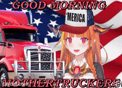 An Anime Girl Wearing A Merica Hat Stands In Front Of A Truck GIF