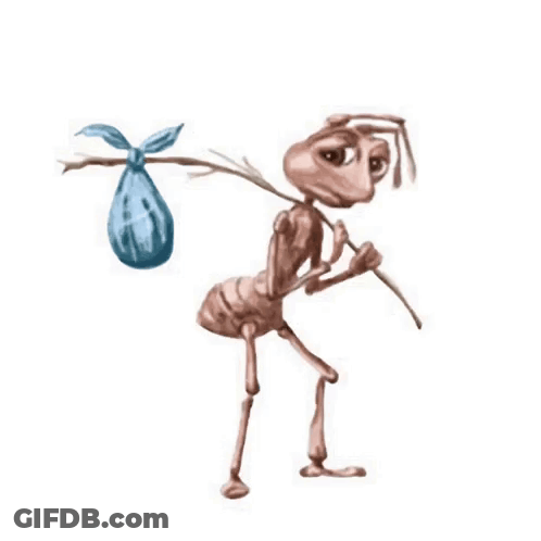 An Ant Is Carrying A Bag On Its Back And A Stick . GIF