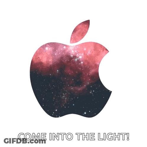 An Apple Logo With A Galaxy In The Background And The Words Come Into The Light Below It GIF