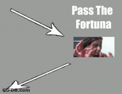 An Arrow Points To A Picture Of A Woman And The Words Pass The Fortuna Below It GIF