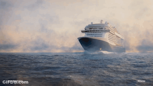 An Artist Rendering Of A Cruise Ship In The Ocean With Disney Written On The Bottom GIF