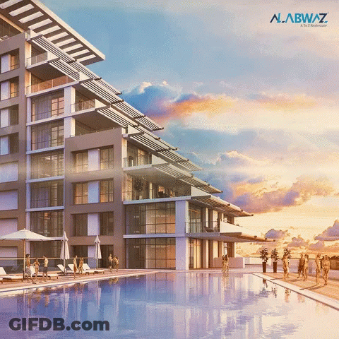 An Artist 'S Impression Of A Building With A Large Swimming Pool In Front Of It GIF