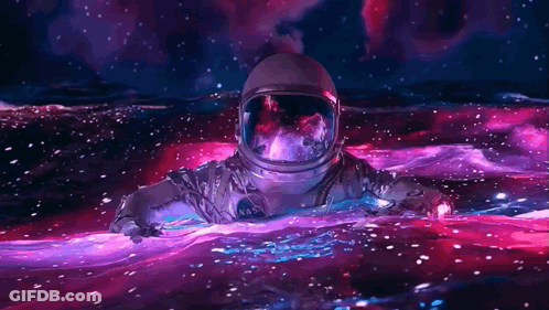 An Astronaut In A Nasa Helmet Is Swimming In A Purple And Blue Liquid GIF