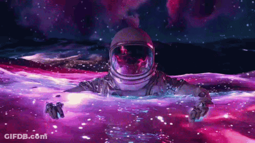 An Astronaut In A Space Suit Is Floating In A Purple Liquid In Space . GIF