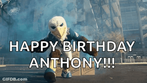 An Eagle Mascot Says " Happy Birthday Anthony " While Holding A Football GIF