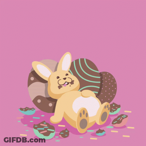 An Easter Bunny Is Laying On A Chocolate Egg With The Words Felices Pascuas Written Above It GIF