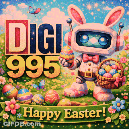 An Easter Poster With A Robot Bunny Holding An Easter Egg GIF