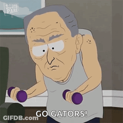 An Elderly Man From South Park Is Lifting Purple Dumbbells . GIF