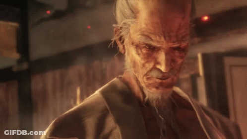 An Elderly Man Is Holding A Sword With Blood On It In A Video Game . GIF