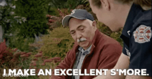 An Elderly Man Is Talking To A Firefighter Who Says I Make An Excellent S'more GIF