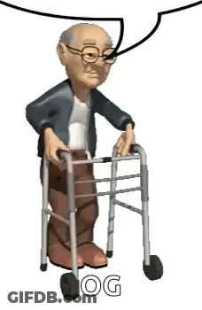 An Elderly Man Is Using A Walker With A Speech Bubble Behind Him . GIF