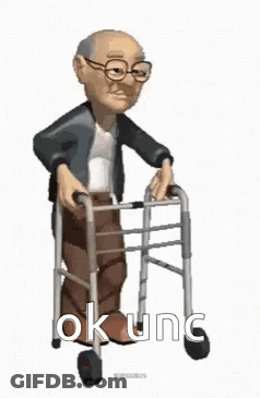 An Elderly Man Is Using A Walker With The Words `` Ok Ung '' Written On It . GIF