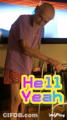 An Elderly Man Using A Walker With The Words Hello Yeah On The Bottom Right GIF