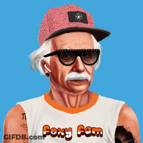 An Elderly Man Wearing A Hat And Glasses Is Wearing A Shirt That Says Foxy Fam GIF
