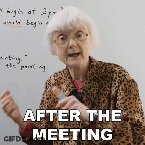 An Elderly Woman In A Leopard Print Coat Says " After The Meeting " GIF