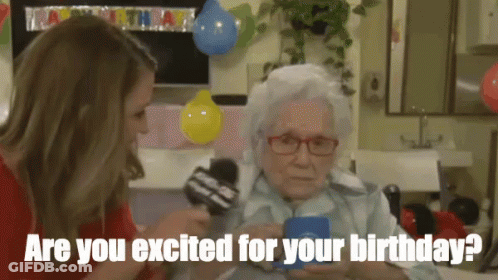 An Elderly Woman Is Being Interviewed By A News Anchor And Says " Are You Excited For Your Birthday ? " GIF
