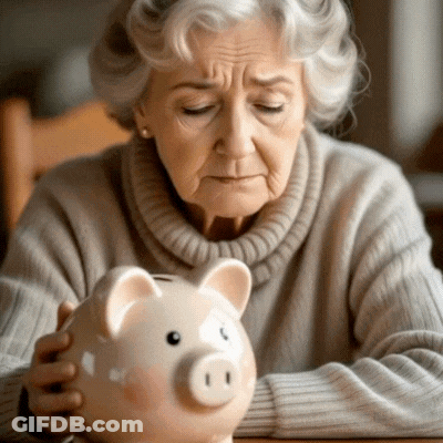 An Elderly Woman Is Holding A Piggy Bank And Looking At It GIF