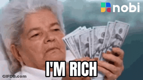 An Elderly Woman Is Holding A Pile Of Money And Says " I 'M Rich " GIF