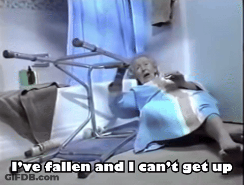 An Elderly Woman Is Laying On The Floor With The Words I 'Ve Fallen And I Can 'T Get Up Written Above Her GIF