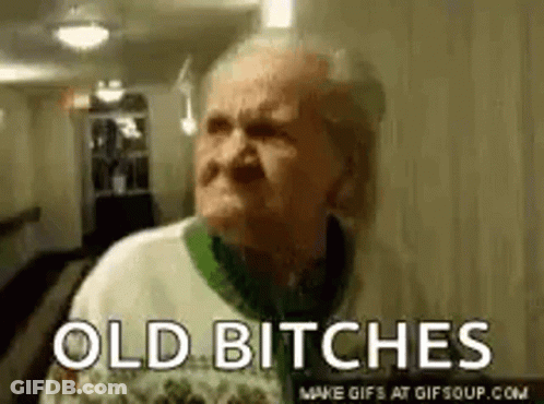 An Elderly Woman Is Making A Funny Face With The Words `` Old Bitches '' Written On The Bottom . GIF