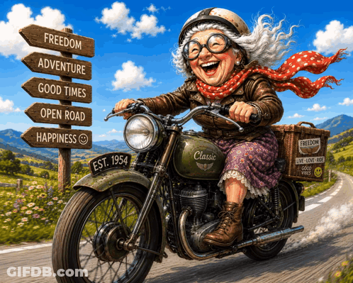 An Elderly Woman Is Riding A Classic Motorcycle On The Road GIF
