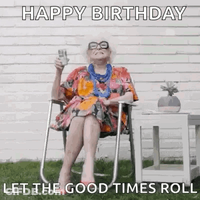 An Elderly Woman Is Sitting In A Chair Holding A Glass Of Beer And A Bottle Of Soda . GIF
