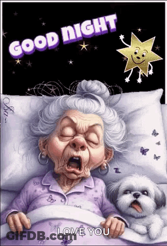 An Elderly Woman Is Sleeping In A Bed With A Dog And Yawning . GIF