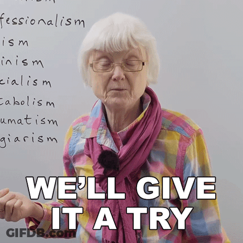 An Elderly Woman Stands In Front Of A Whiteboard With The Words We 'Ll Give It A Try Written On It GIF