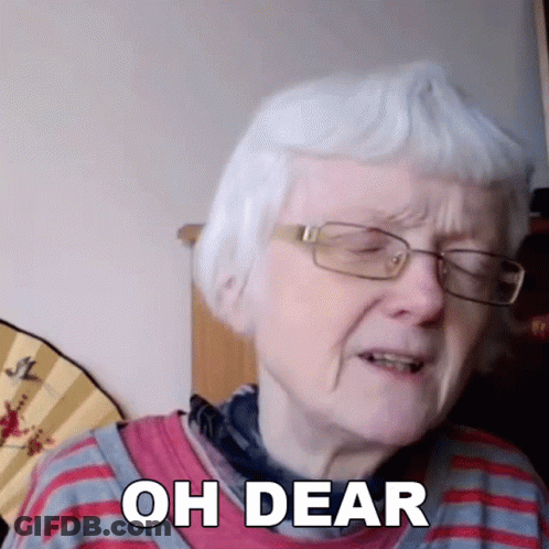 An Elderly Woman Wearing Glasses And A Red And Blue Striped Shirt Says Oh Dear GIF