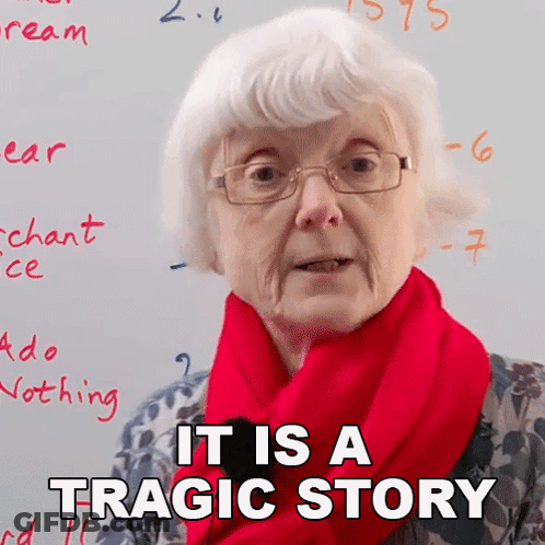 An Elderly Woman Wearing Glasses And A Red Scarf Says " It Is A Tragic Story " GIF