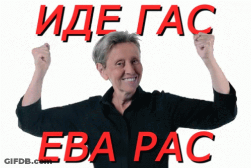 An Elderly Woman With Her Arms In The Air And The Words Ide Gas Eba Pac GIF