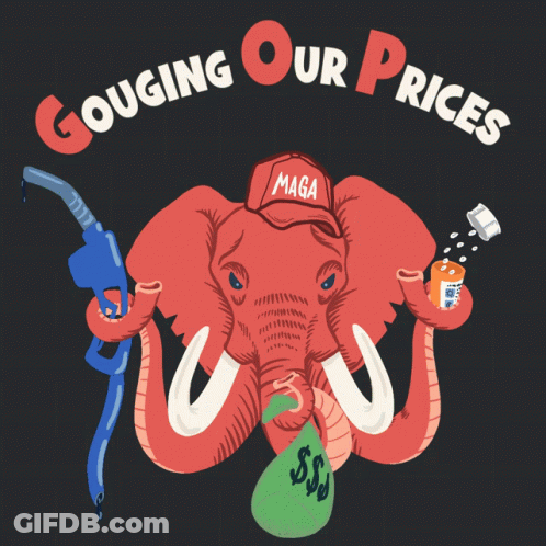 An Elephant Wearing A Maga Hat Holds A Gas Pump And Pills GIF