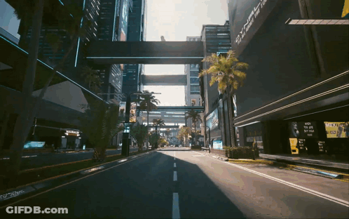 An Empty Street In A Futuristic City With A Sign That Says ' A Few Dollars ' On It GIF