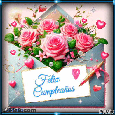 An Envelope With Pink Roses And A Card That Says Feliz Cumpleaños GIF
