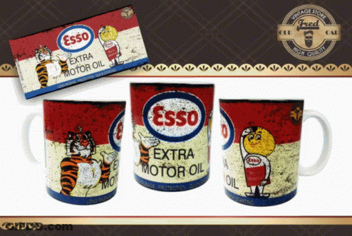 An Esso Extra Motor Oil Mug With A Tiger And A Lemon On It GIF