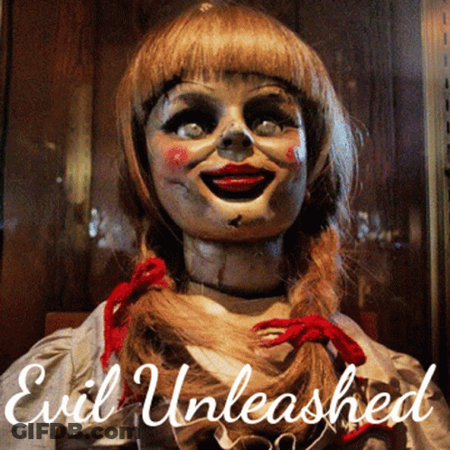 An Evil Unleashed Poster With A Doll In The Foreground GIF